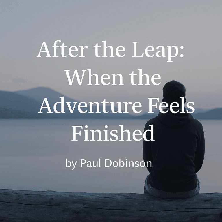 Reflective figure by calm lake with blog title overlay