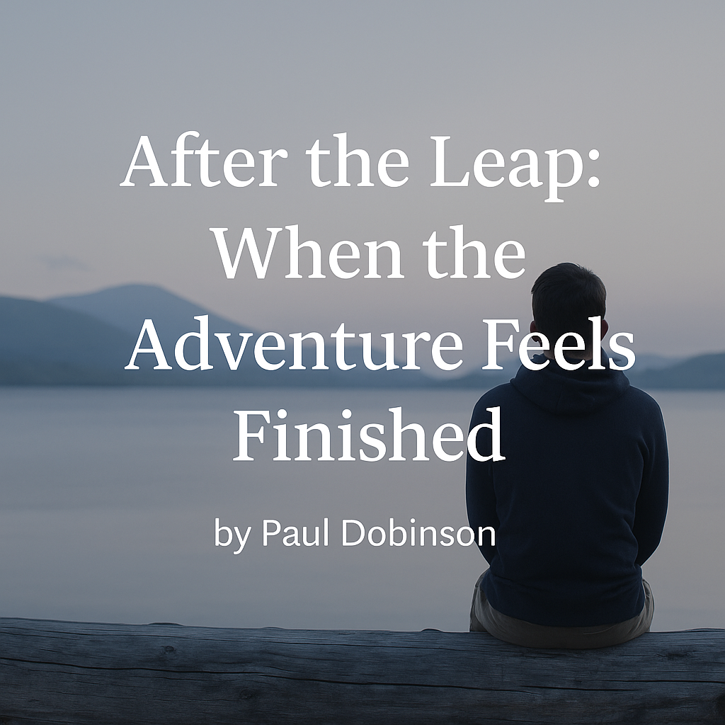 Reflective figure by calm lake with blog title overlay