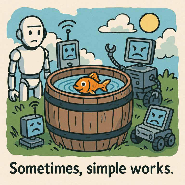 Robots standing around a barrel with a fish in it. Caption, Sometimes, Simple Works