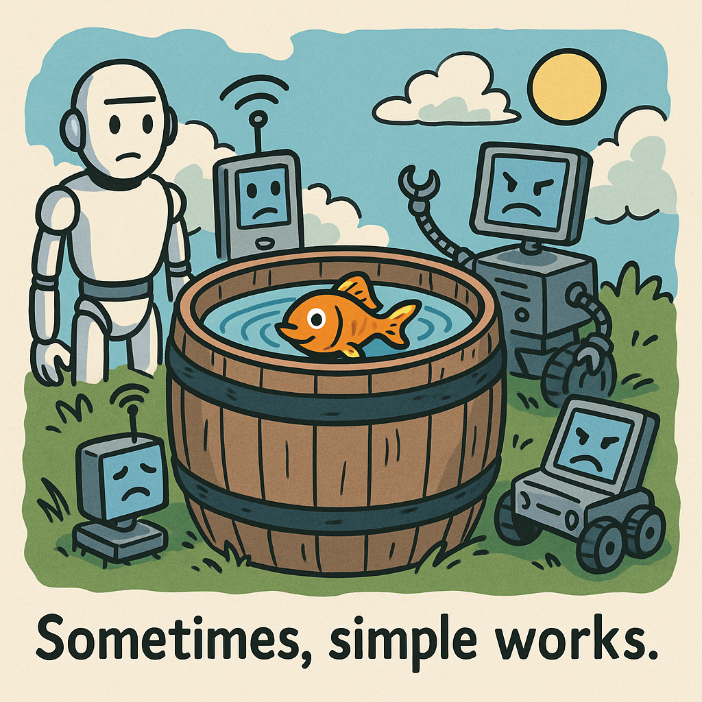 Robots standing around a barrel with a fish in it. Caption, Sometimes, Simple Works