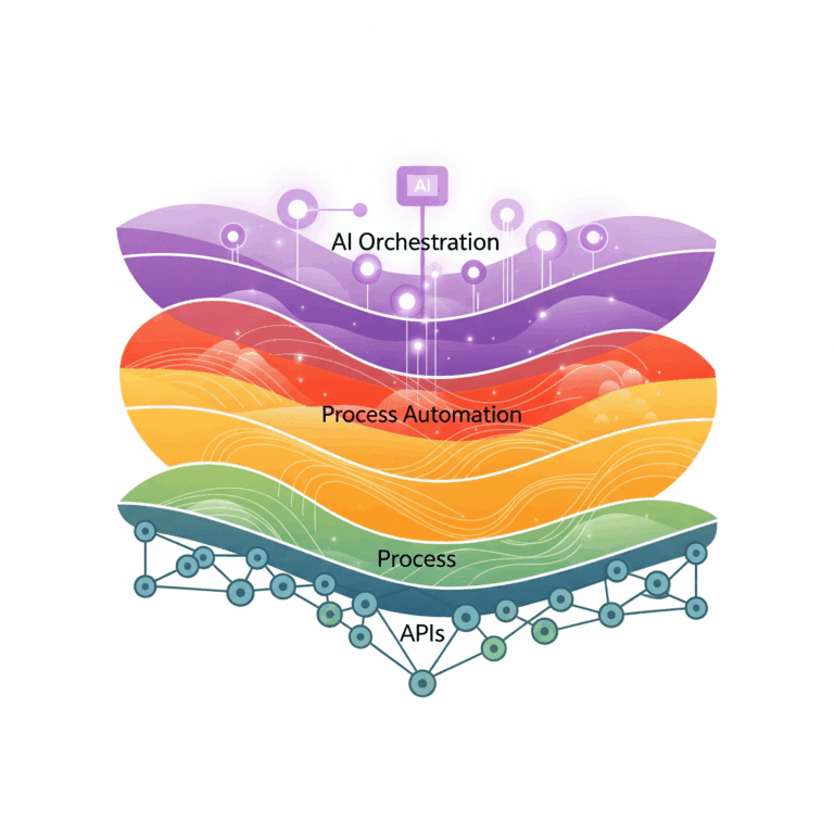 A three-layered abstract diagram showing the evolution from APIs to AI orchestration. The bottom layer represents 'Process' (APIs), the middle layer shows 'Process Automation', and the top layer illustrates 'AI Orchestration'.