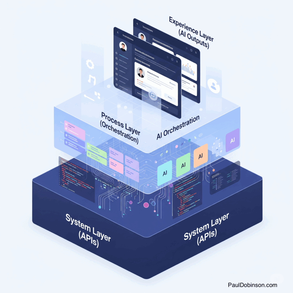 3D-style visual showing AI orchestration architecture with layered blocks representing the System Layer (APIs), Process Layer (Orchestration), and Experience Layer (AI Outputs).