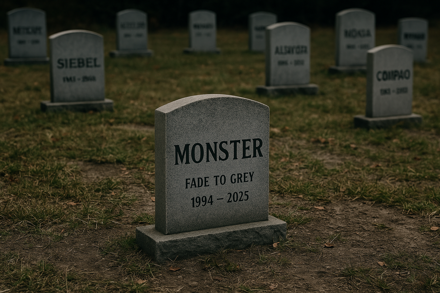 An image of a gravestone with Monster on it in front of others with other tech closures,