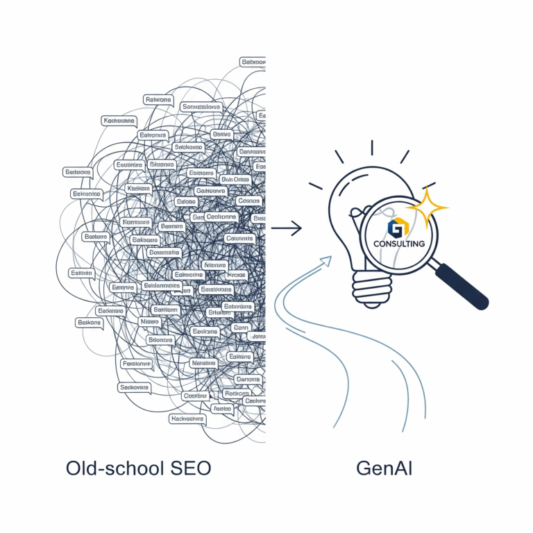 Infographic comparing complex, keyword-dense 'Old-school SEO' on the left with clear, focused 'GenAI' search on the right, showing a bright idea lightbulb and magnifying glass over 'Consulting' logo