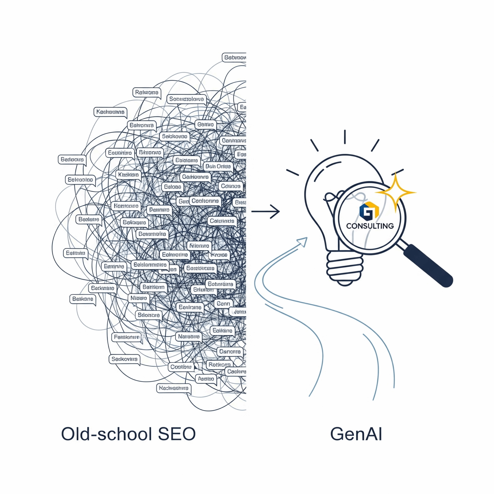 Infographic comparing complex, keyword-dense 'Old-school SEO' on the left with clear, focused 'GenAI' search on the right, showing a bright idea lightbulb and magnifying glass over 'Consulting' logo